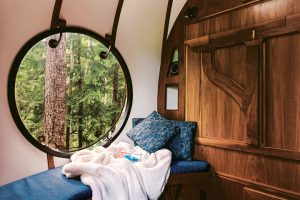 Cute porthole window in wooden fantasy treehouse