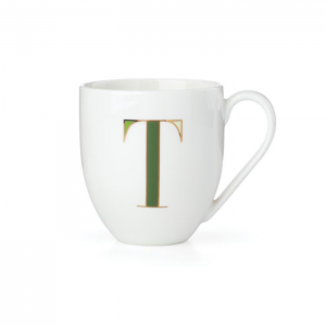 White Mug with Gold Trim Green Monogram Letter T