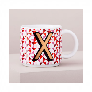 White Mug with Gold Monogram Letter X and Red Modern Detail