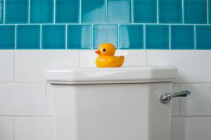 A blue and white tile wall.