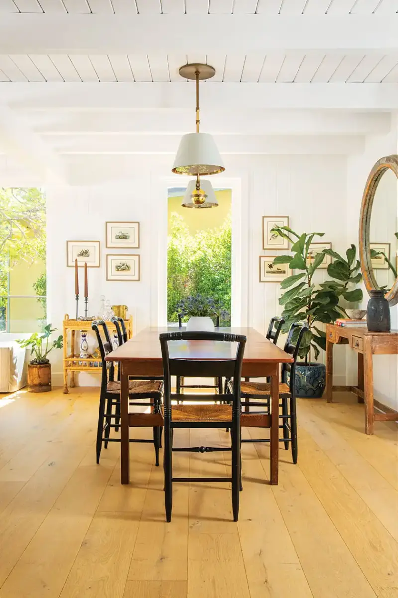 dining room table with view to garden in renovated Laguna Beach cottage