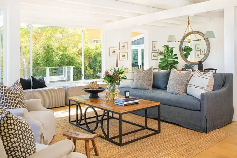 open concept living room with lake cottage inspiration in 1940s beach cottage