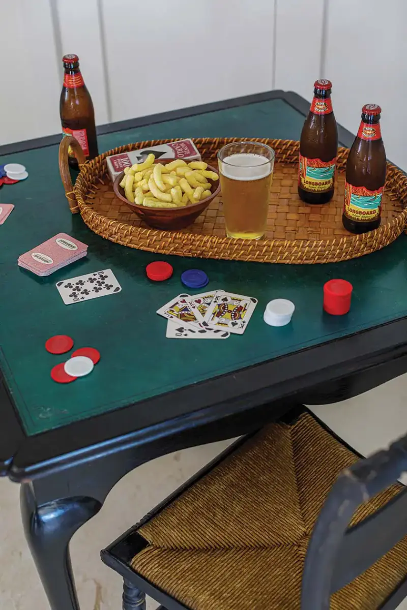 closeup of card table with woven serving tray