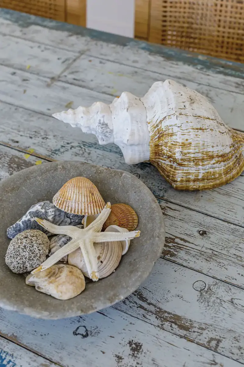 seashell vignette on dining table with pale blue chipped paint