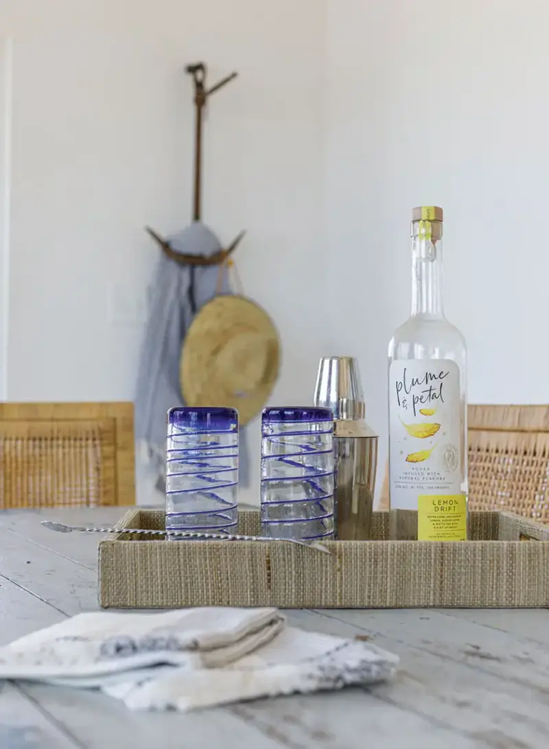 serving tray with drinking glasses with blue swirls