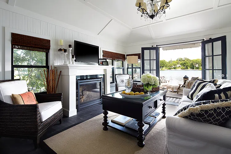 white and black modern cottage living room on Lake Minnetonka