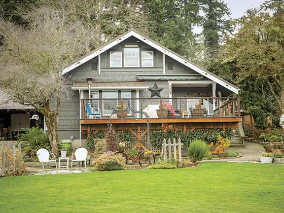 exterior view of cottage on the shores of Puget Sound