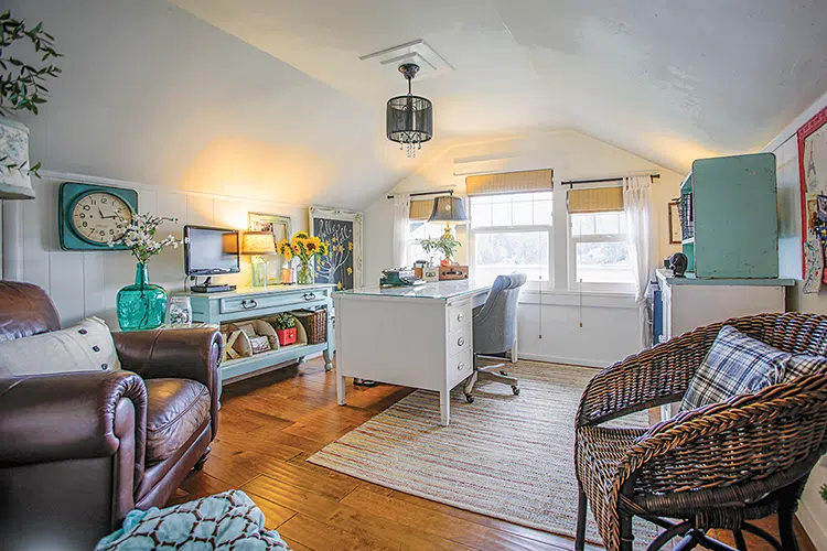 home office in little cottage on the Sound with sunflowers and turquoise accents