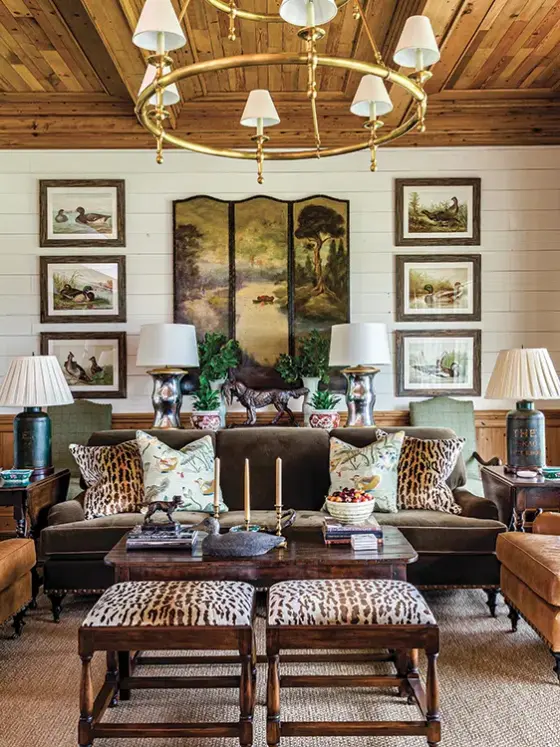 natural wood ceiling and window frames in sitting room of unique Georgia home inspired by historic hunting houses