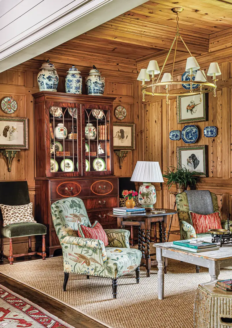 hutch with antique poreclain in unique home on a Georgia farm