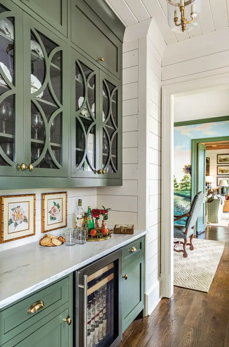 beer fridge and green cabinetry in home on a Georgia farm