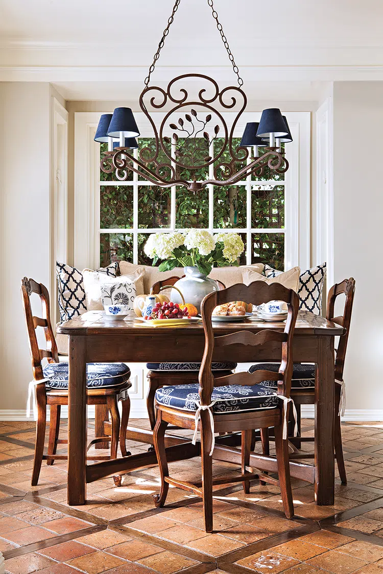 breakfast nook in remodeled La Jolla kitchen with white and blue color scheme