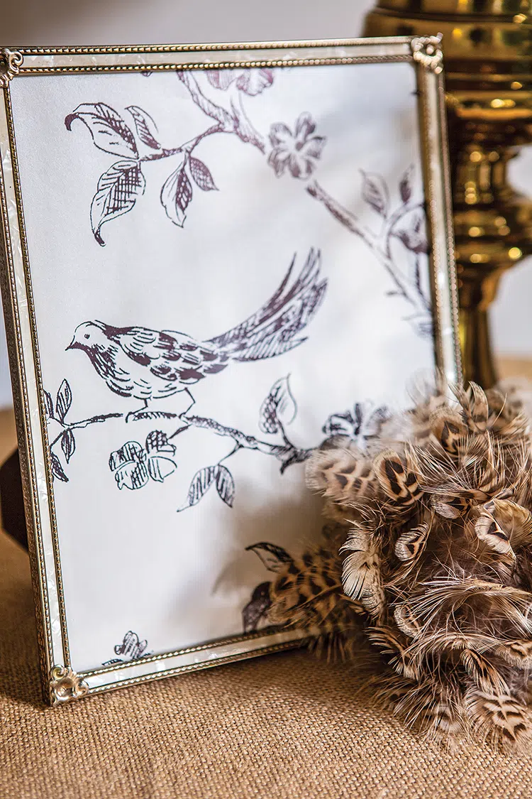 framed black and white sketch of bird on a branch with decorative feathers in front of the frame