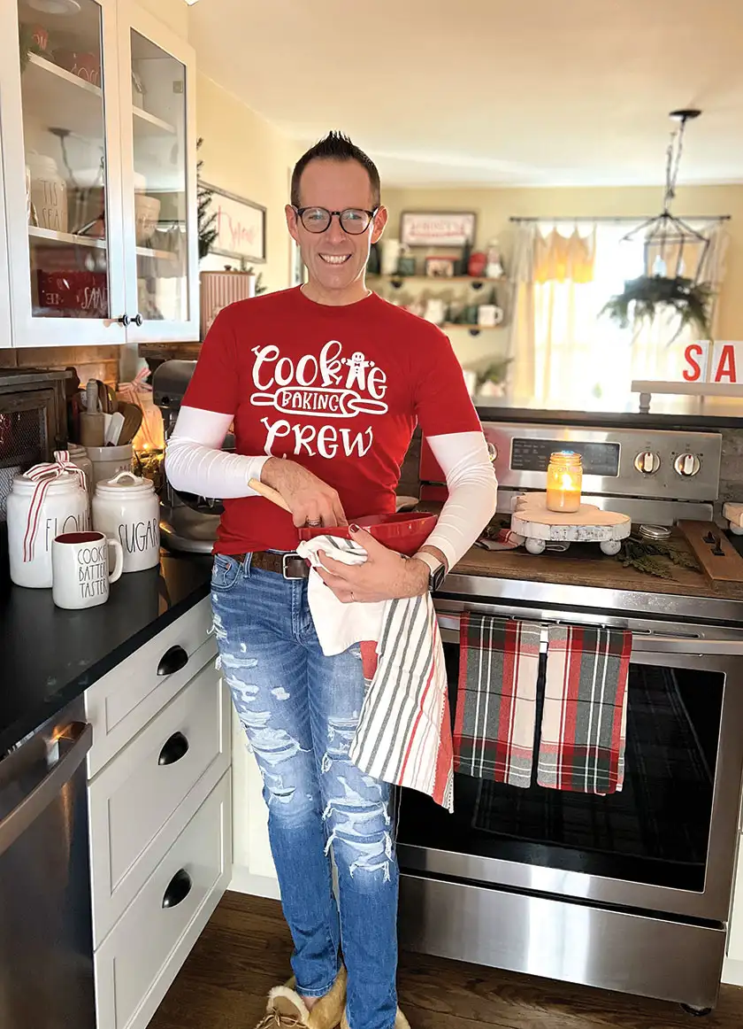 Jameson baking in cozy little Christmas home