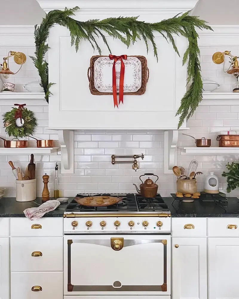 Pantry Hill Christmas kitchen with baking underway and decor of natural garland and small wreath