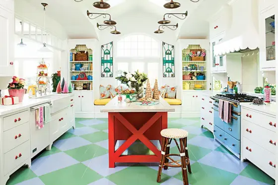 cottage kitchen decorated for Christmas with bright color palette