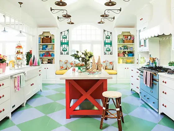 cottage kitchen decorated for Christmas with bright color palette