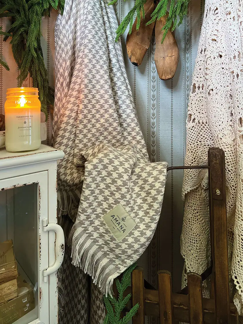 Amana Woolen Mill throw in Bryan's cozy little Christmas home