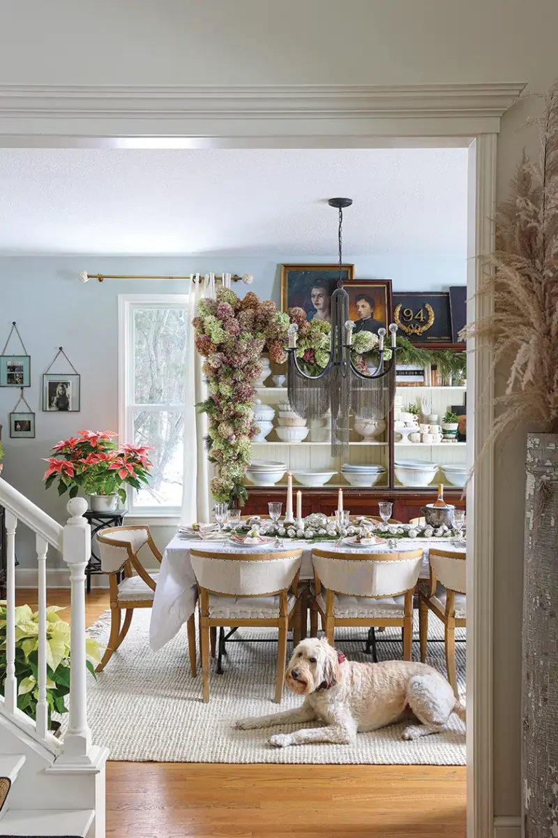 hydrangea garland along hutch in dining room with poinsettias for Christmas decor