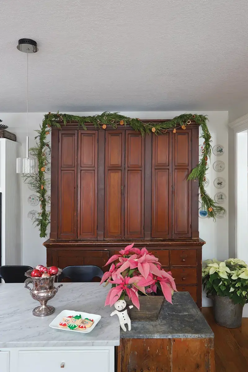 poinsettias and natural pine and citrus garland