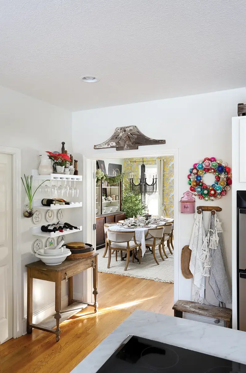 ornament wreath and small poinsettia in kitchen of Michigan home