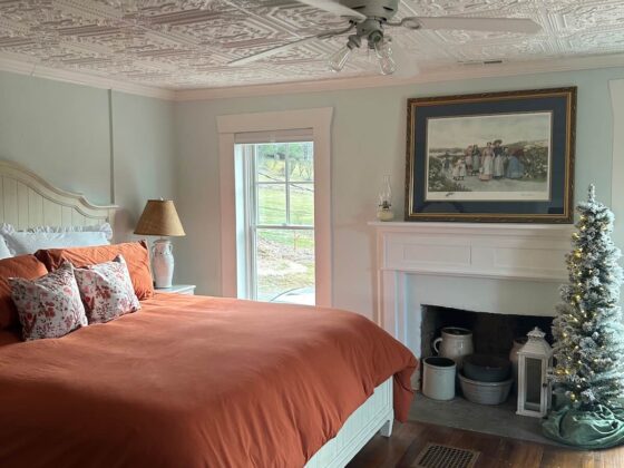 A bedroom with a Christmas tree and decorative ceiling tiles