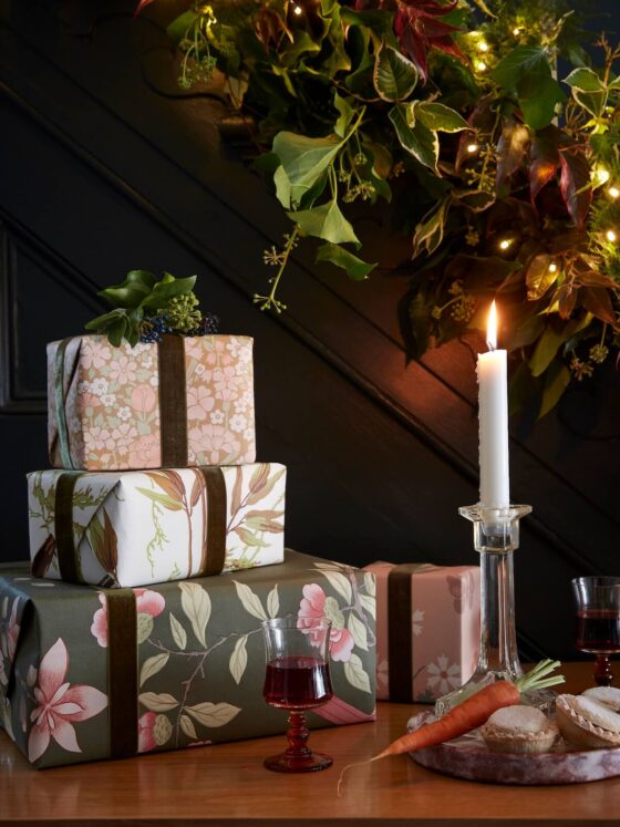 Christmas gifts wrapped in wallpaper fragments