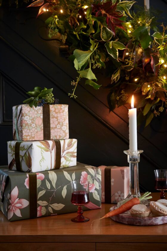 Christmas gifts wrapped in wallpaper fragments