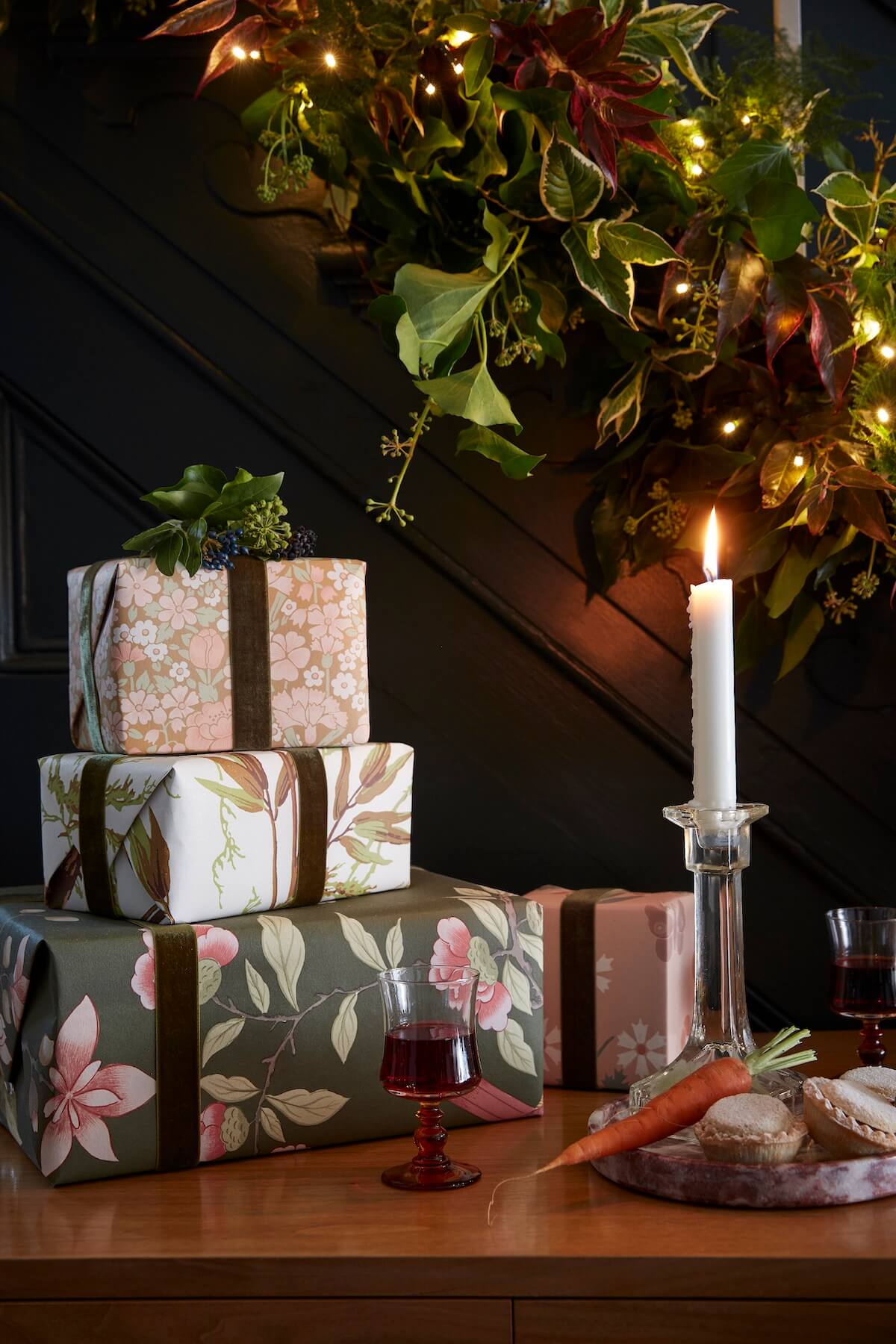 Christmas gifts wrapped in wallpaper fragments