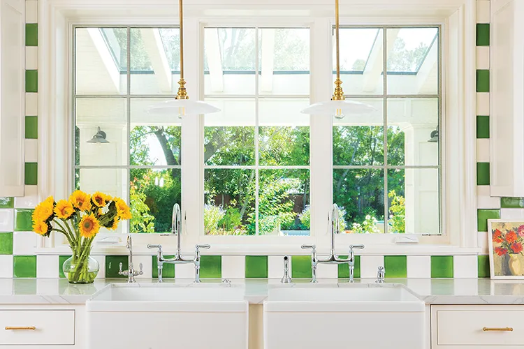 double sink in kitchen with view to lush green backyard