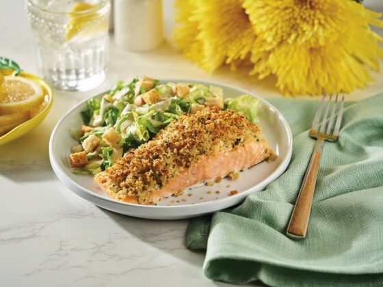 better-for-you recipe for Italian Crusted Salmon with Creamy Truffle Caesar Salad