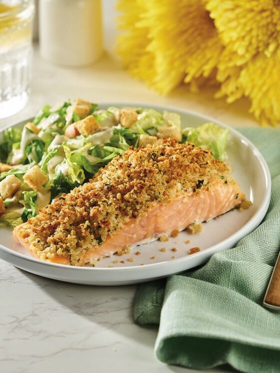 better-for-you recipe for Italian Crusted Salmon with Creamy Truffle Caesar Salad