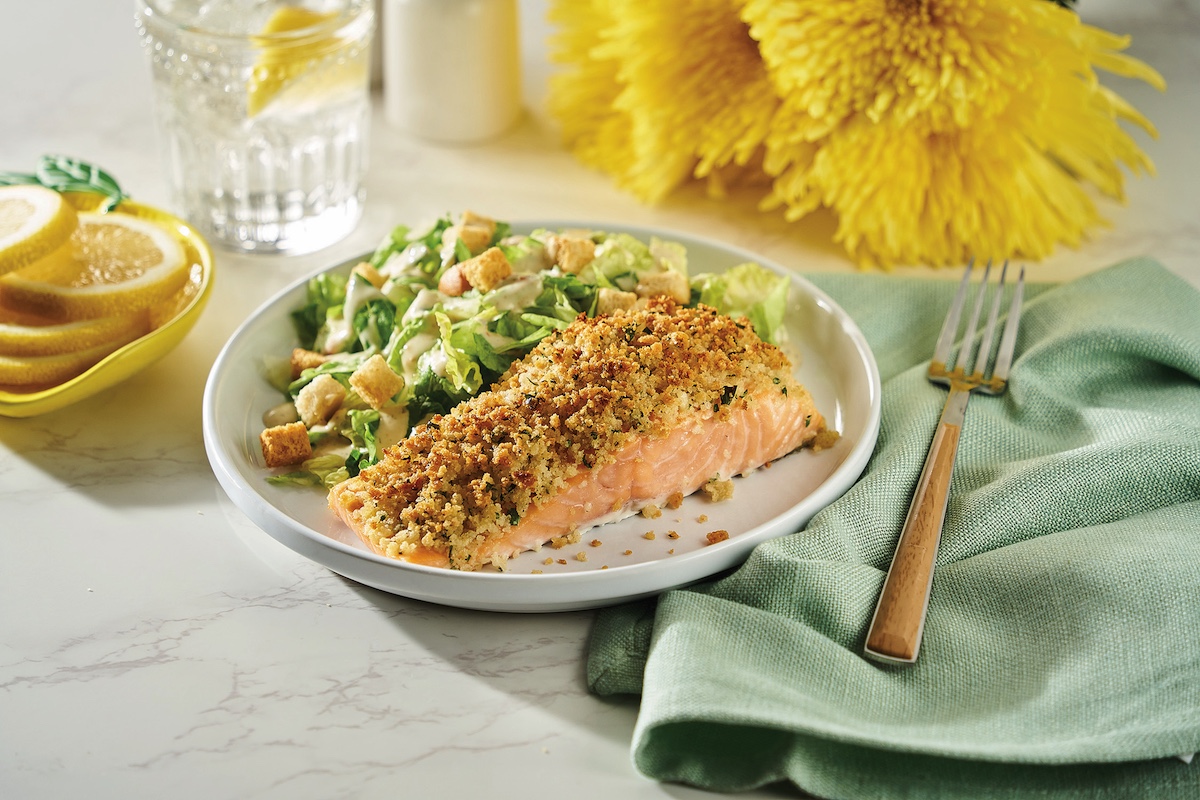 better-for-you recipe for Italian Crusted Salmon with Creamy Truffle Caesar Salad