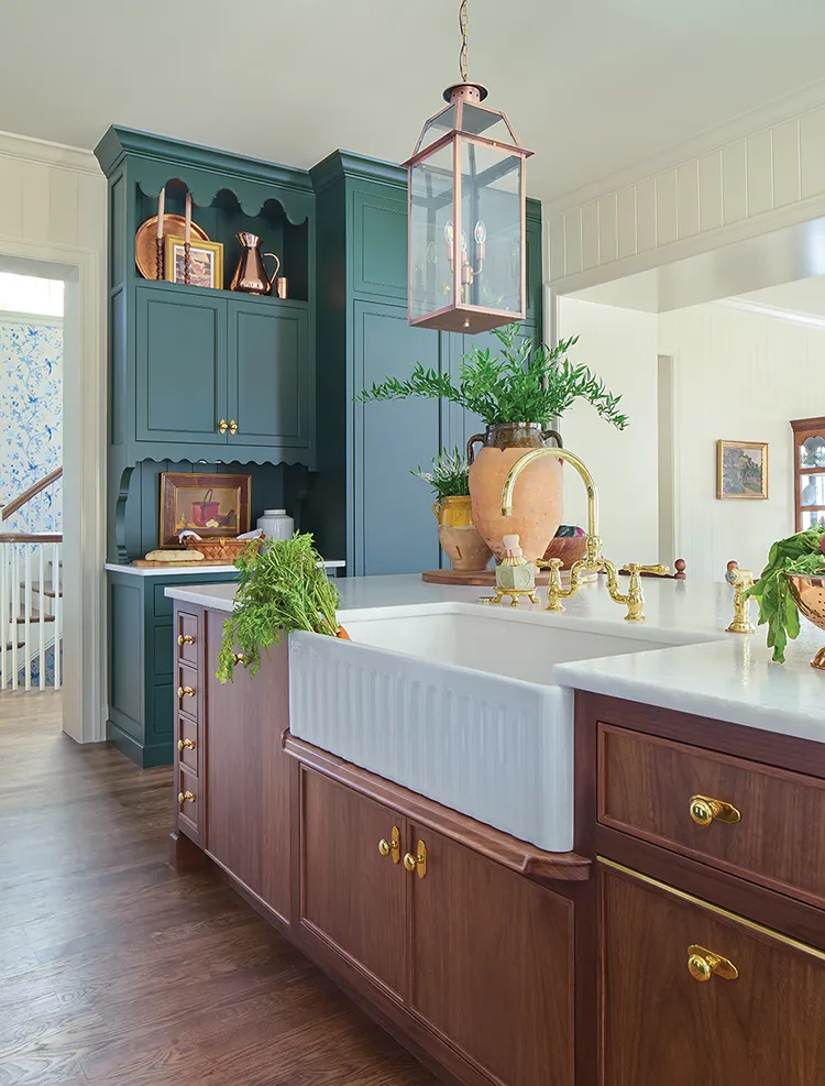 farmhouse sink and green cabinetry with scalloped edges in Project House Utah