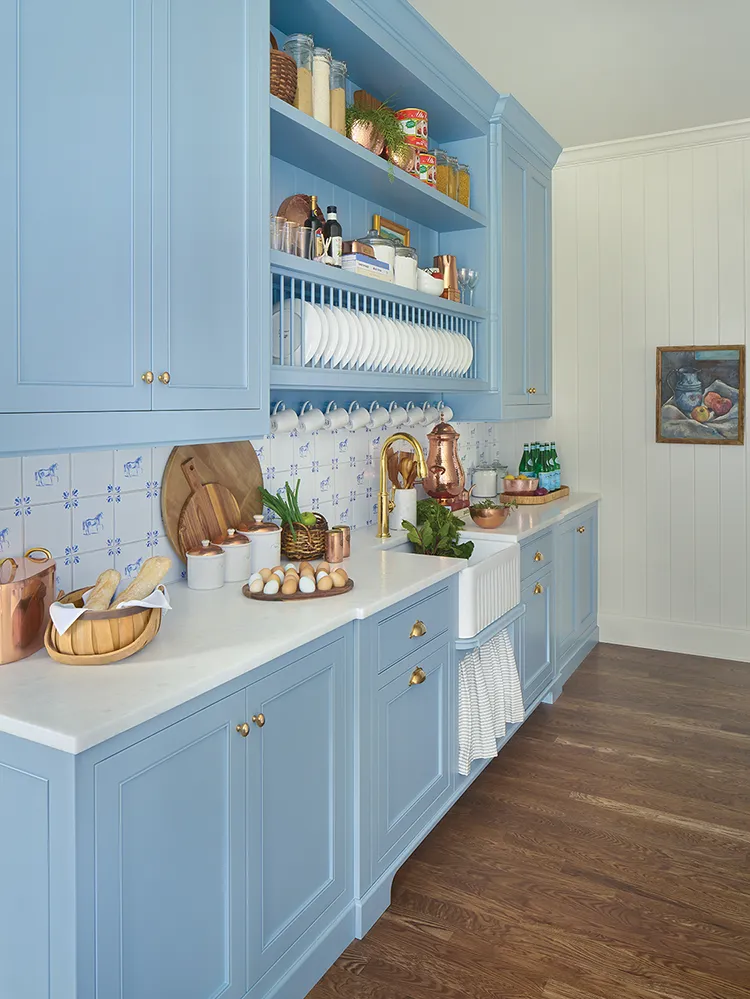 butler's pantry with equestrian Delft tile and powder blue cabinetry