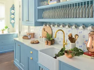 Project House Utah butler's pantry with caballo tile and powder blue cabinetry and shelving