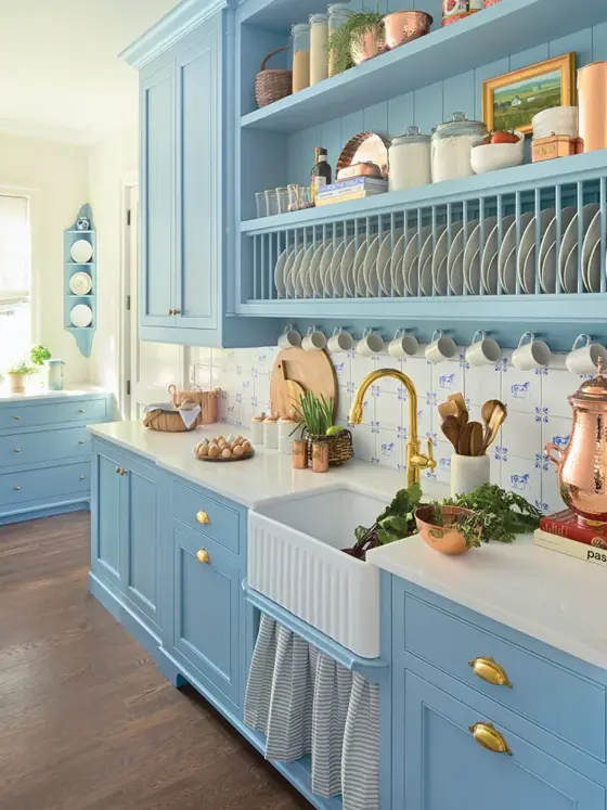 Project House Utah butler's pantry with caballo tile and powder blue cabinetry and shelving