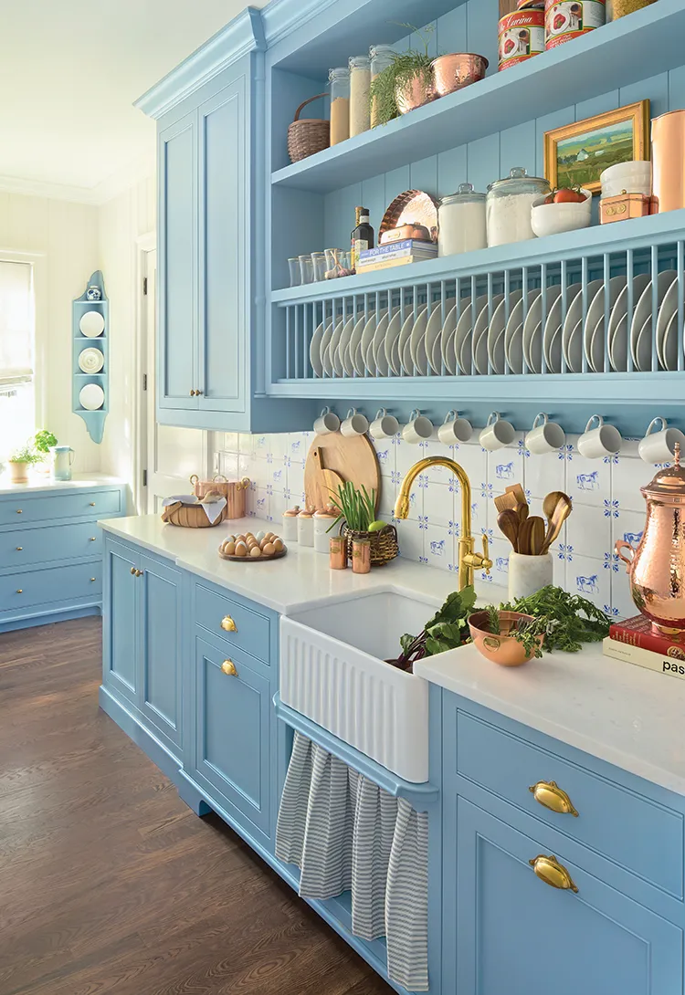 Project House Utah butler's pantry with caballo tile and powder blue cabinetry and shelving