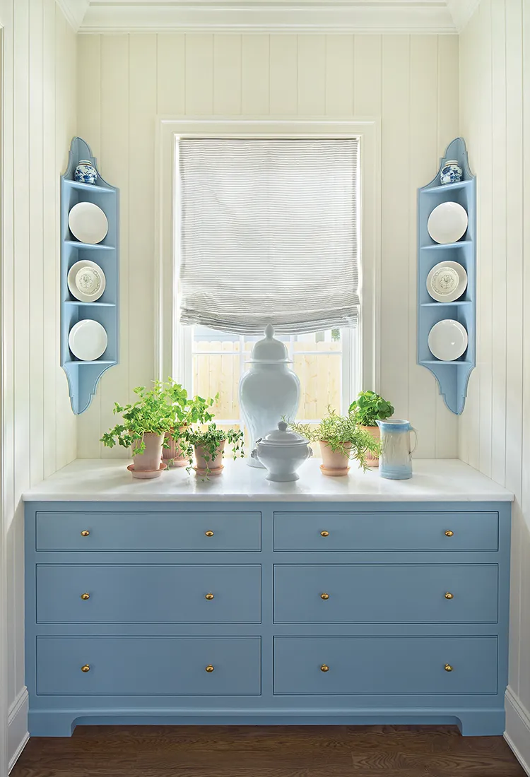 butler's pantry blue cabinetry and corner display shelving in Project House Utah