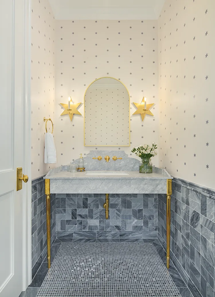 slate gray-blue tile in bathroom with star shaped wall sconces in final reveal of Project House Utah