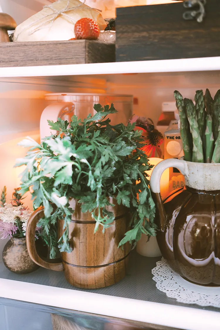 wooden pitcher houses herbs and ceramic pitcher stores asparagus