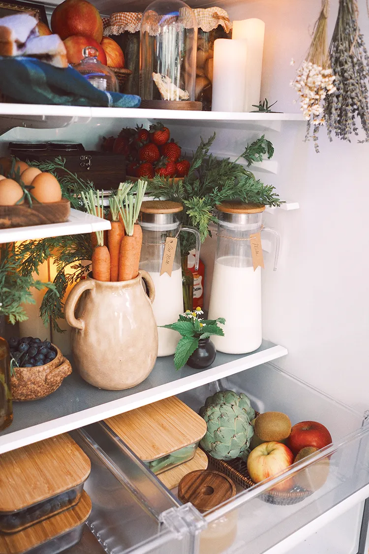 bamboo topped storage in crisper drawers