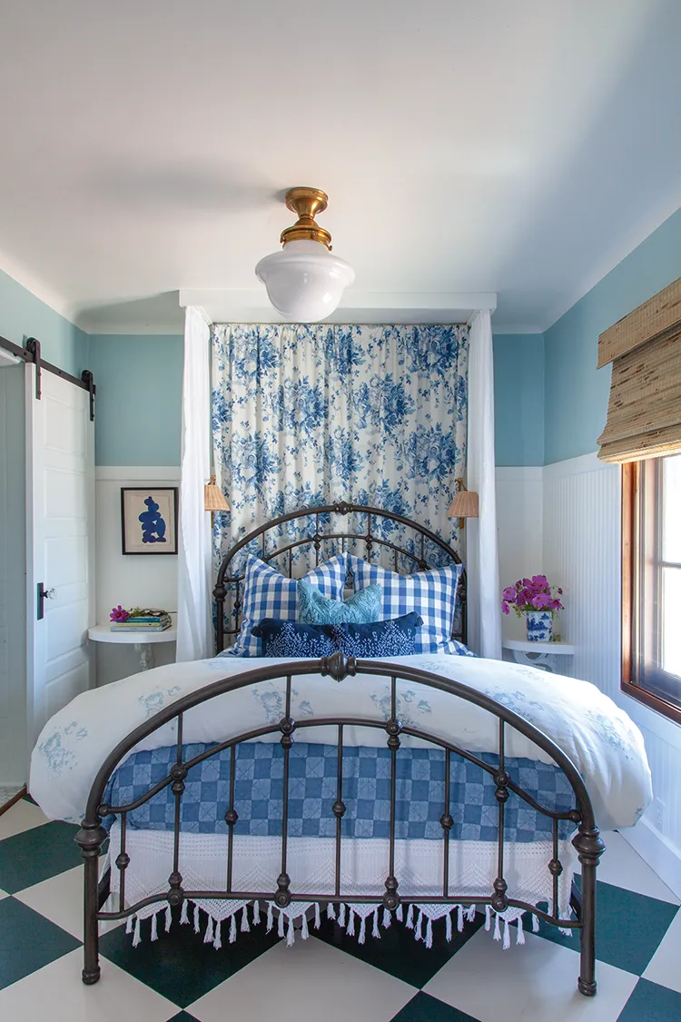 guest room in blue and white cottage