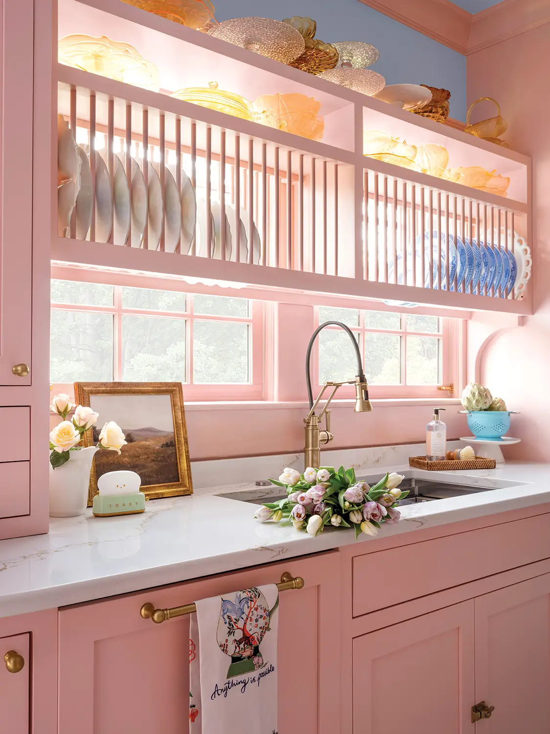 pink cabinetry in renovated 1930 Tudor kitchen