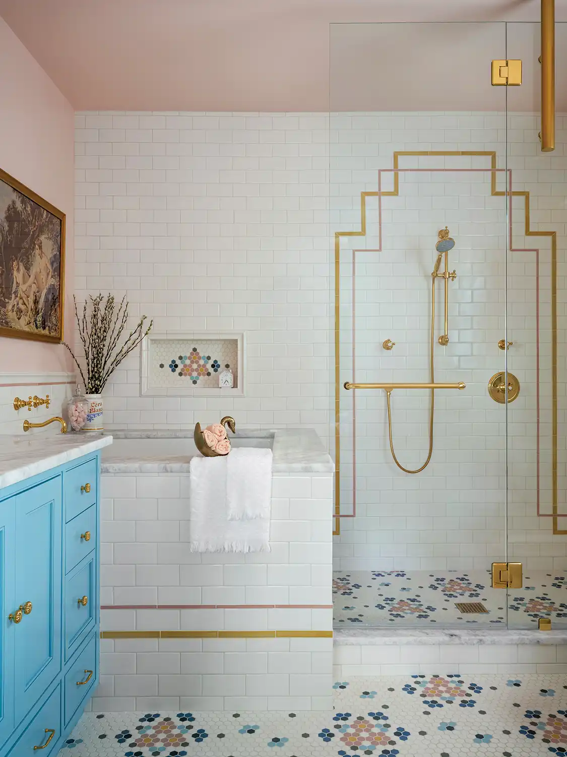 bathroom with hexagonal chinese checkers pattern and soaking tub